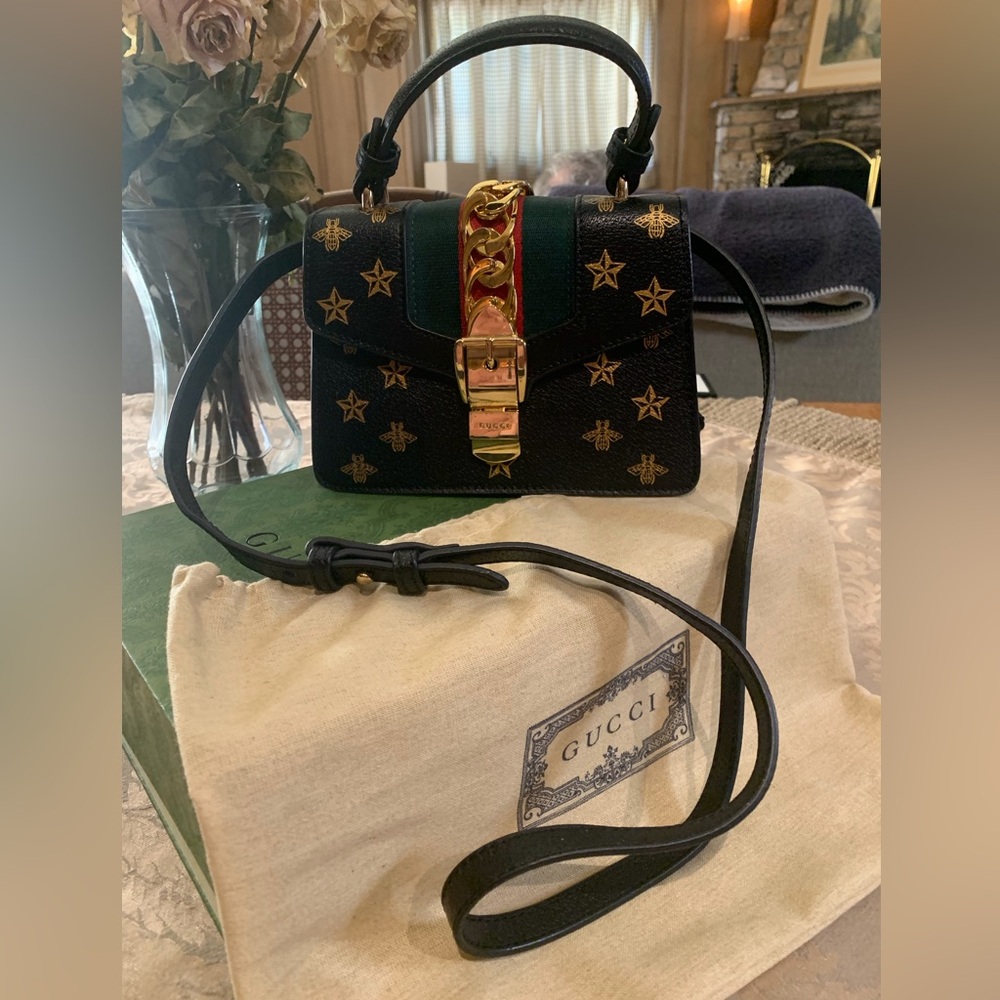 GUCCI Mini Sylvie “Bees & Stars” Top Handle/Shoulder Leather Black Bag RARE FIND